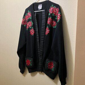 Vintage Handmade Jerzeez Sweatshirt Puffy Paint Poinsettia Open Cardigan Size XL